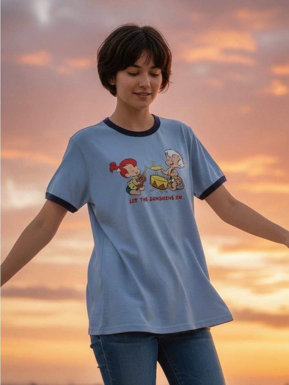 Light Blue Graphic Ringer Tee with Navy Trim - Let The Sunshine In